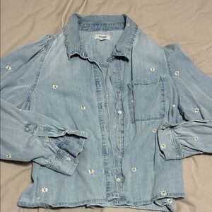 Kensie Light Blue Denim Button Up Shirt with Daisy Embroidery